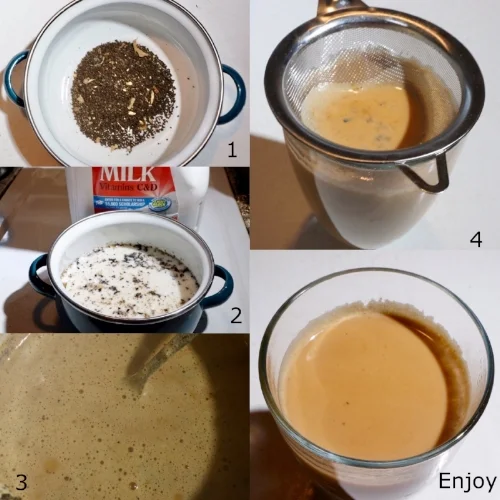 Four steps of making chai on the stove: loose chai in a pot, adding milk, simmering, and straining into a glass