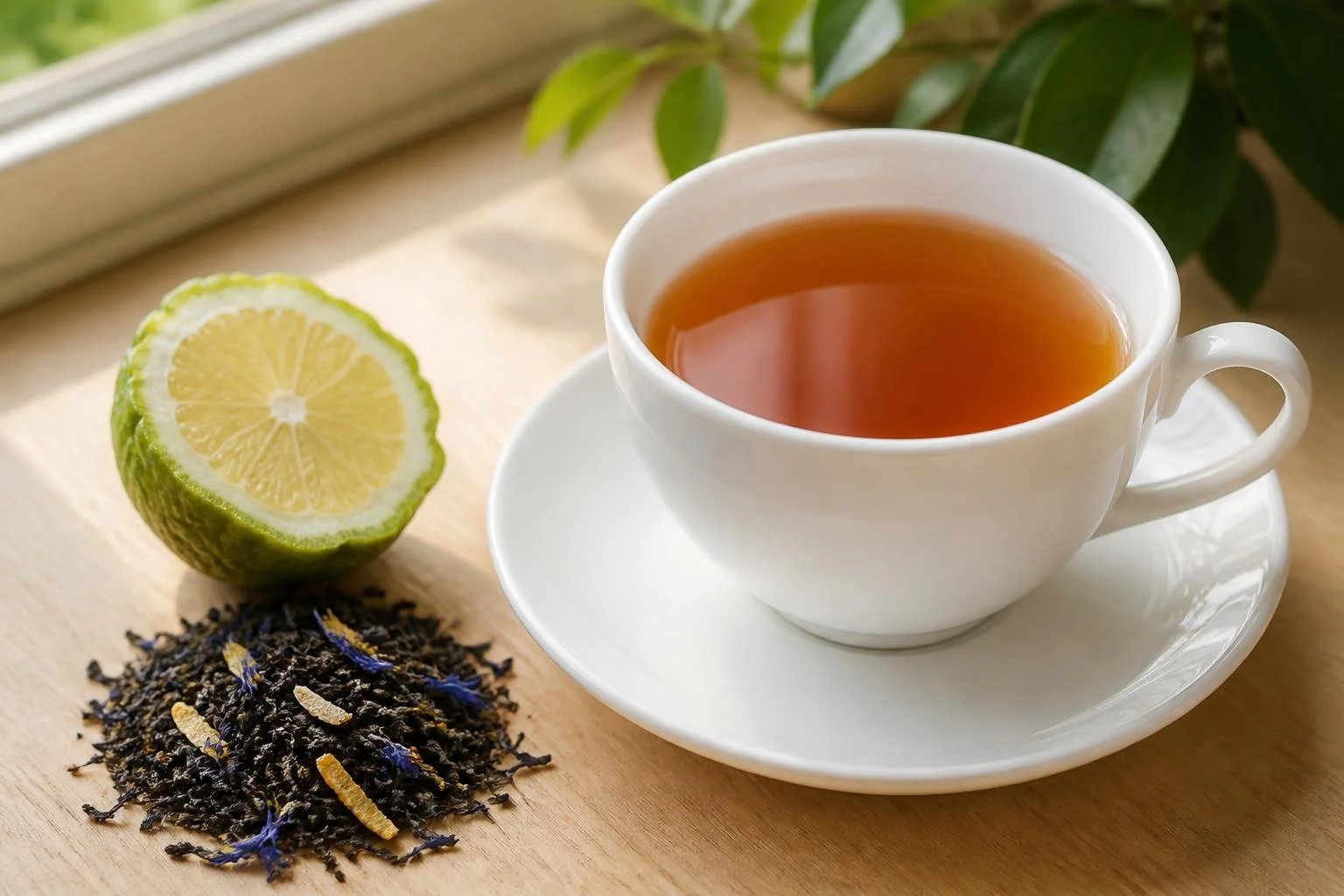 A cup of Earl Grey tea beside loose-leaf Earl Grey and a halved bergamot