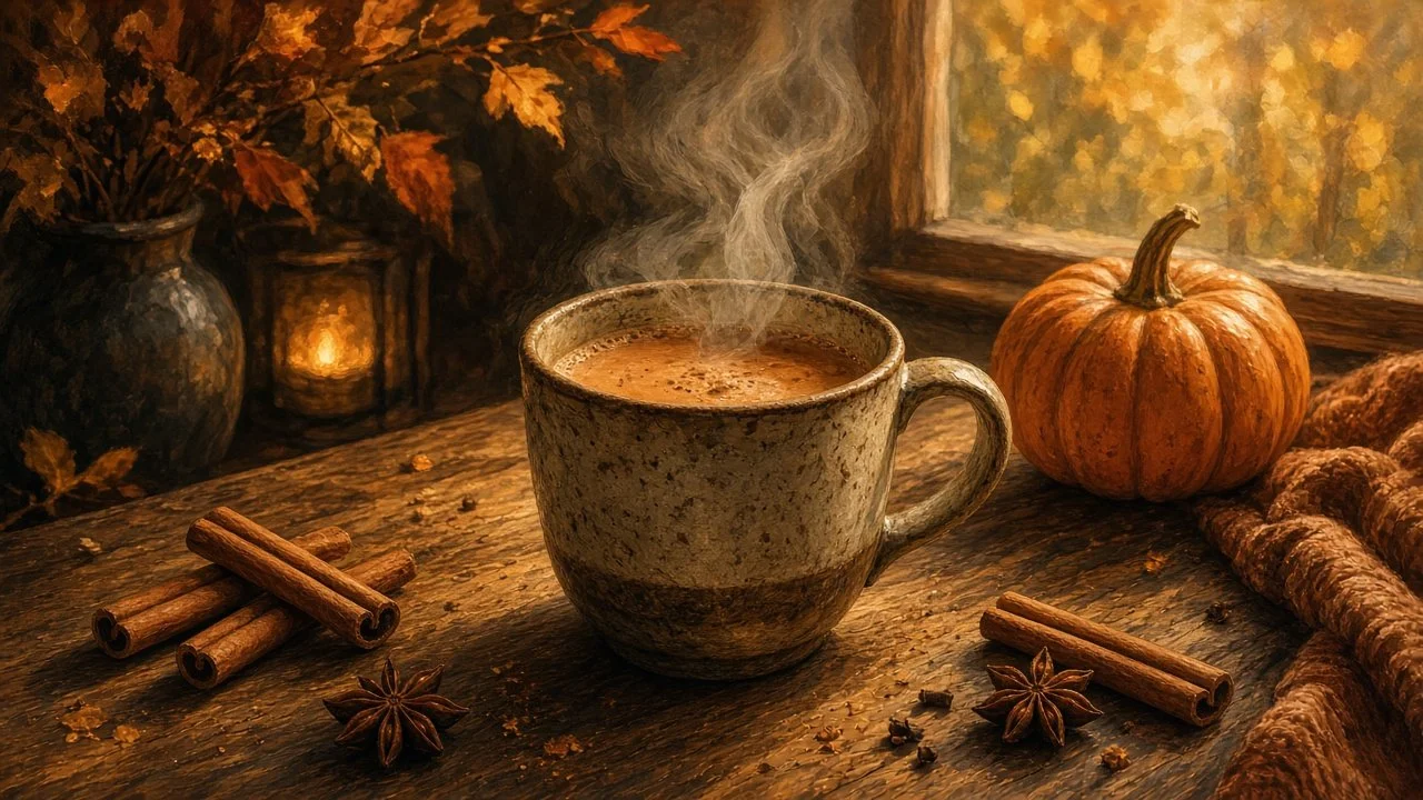 Steaming mug of spiced chai with autumn leaves
