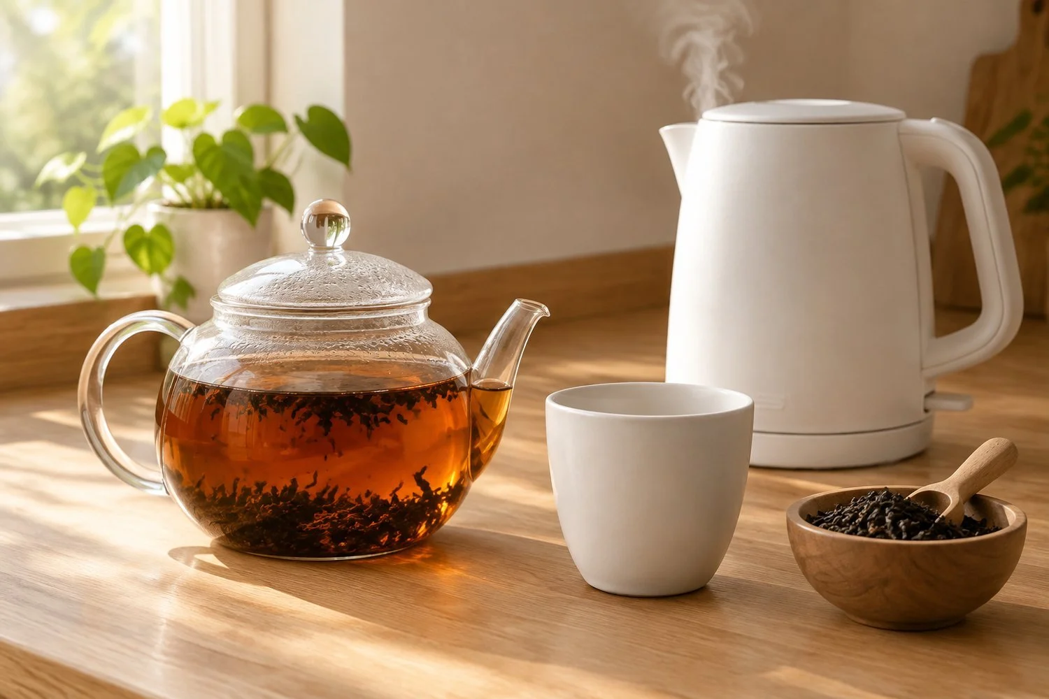 Loose-leaf black tea steeping in a glass teapot beside a white kettle, a cup and a bowl of dry tea
