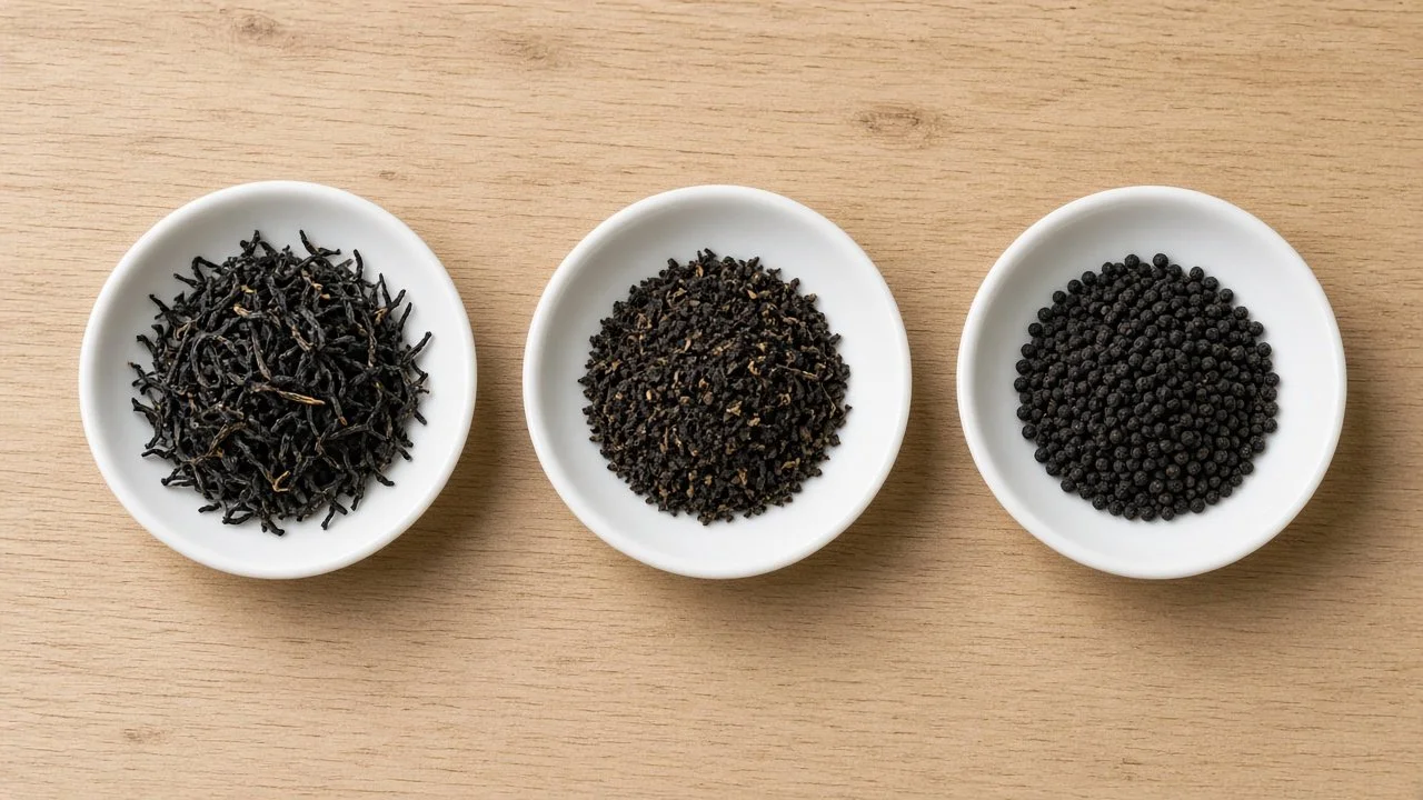 Three white dishes of black tea showing whole wiry leaves, broken leaf pieces and small round CTC pellets side by side