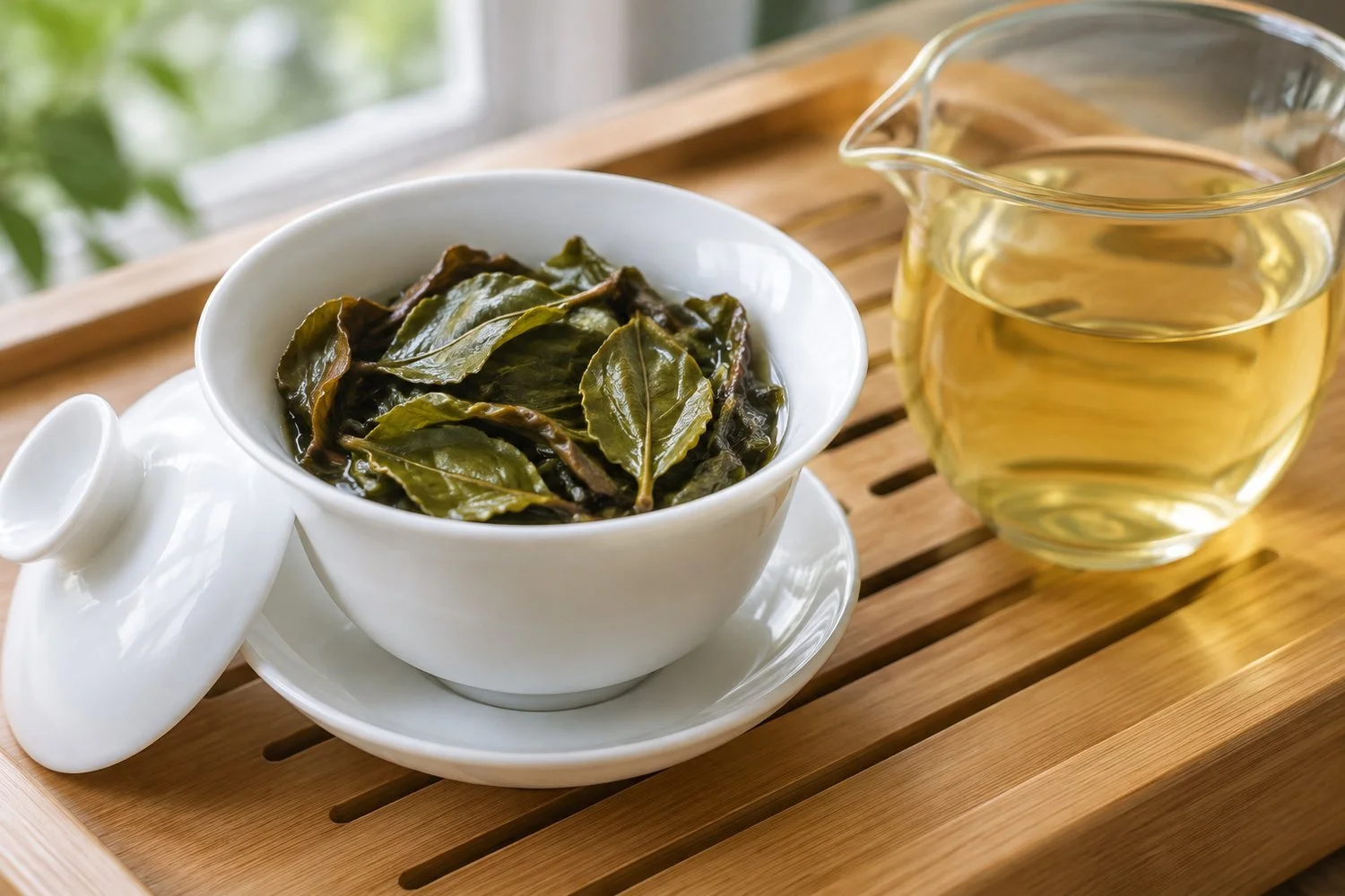 Fully unfurled oolong leaves in a white gaiwan beside a glass pitcher of pale golden tea