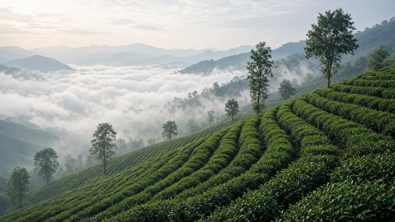 Rows of tea bushes on a steep, misty hillside in Darjeeling, India, with clouds in the valley