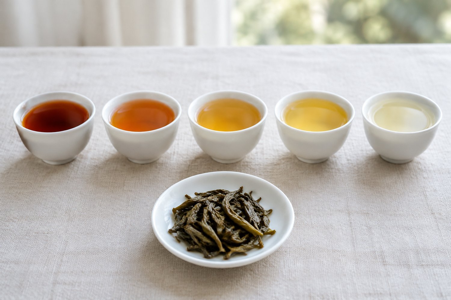 Five white cups of tea from successive steeps, fading from deep amber to pale gold, with wet leaves