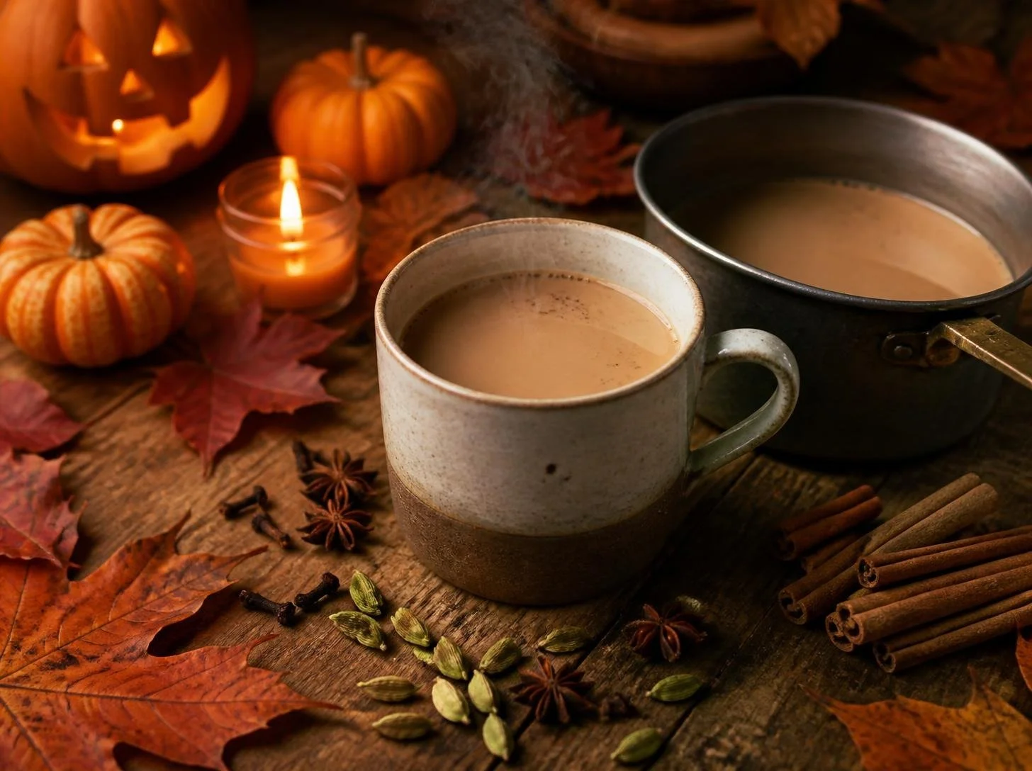 Mug of milky homemade chai beside a small saucepan, whole spices, fall leaves and glowing jack-o'-lanterns