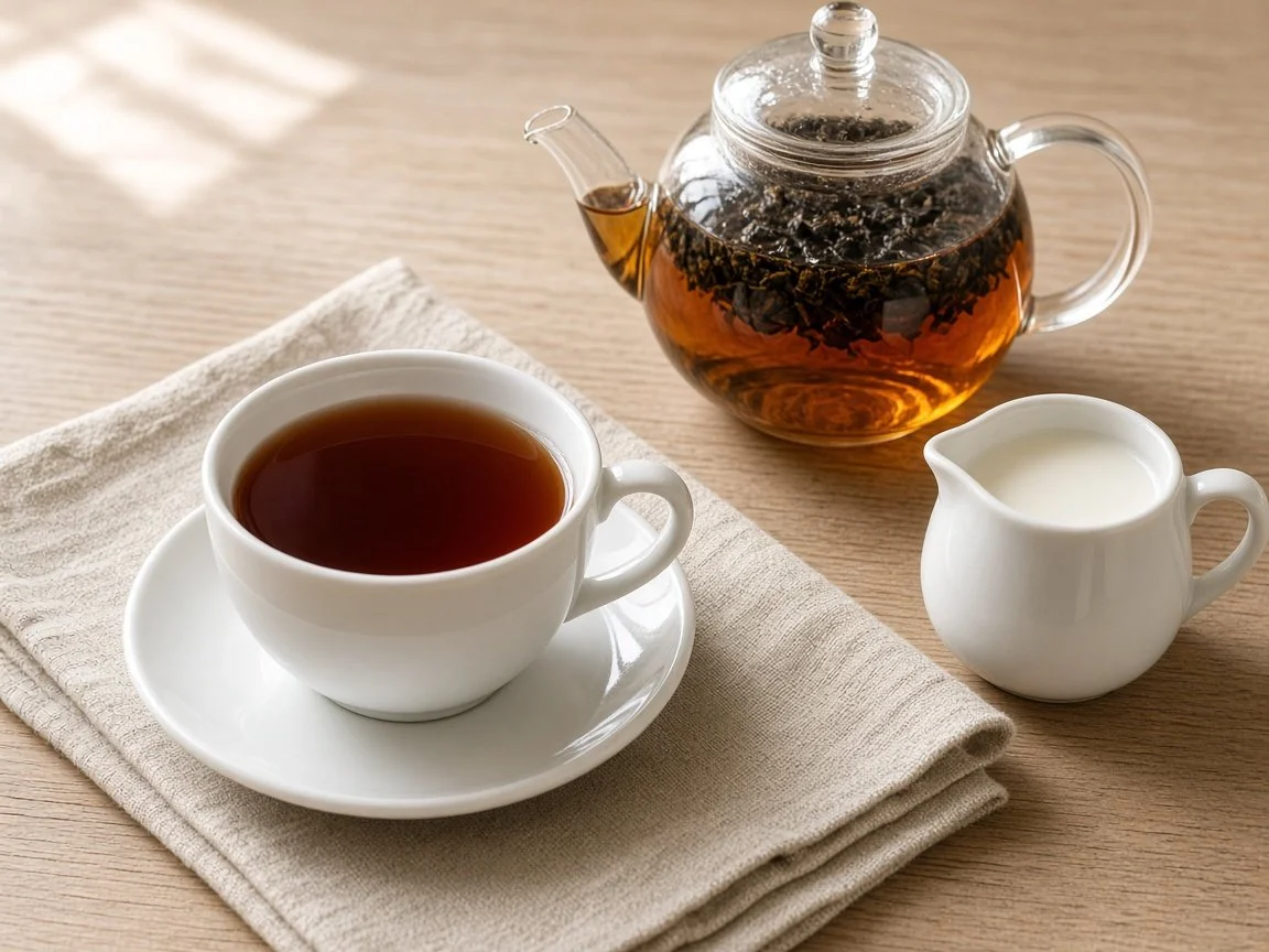 A white cup of coppery black tea next to a glass teapot of brewed loose-leaf tea and a small pitcher of milk