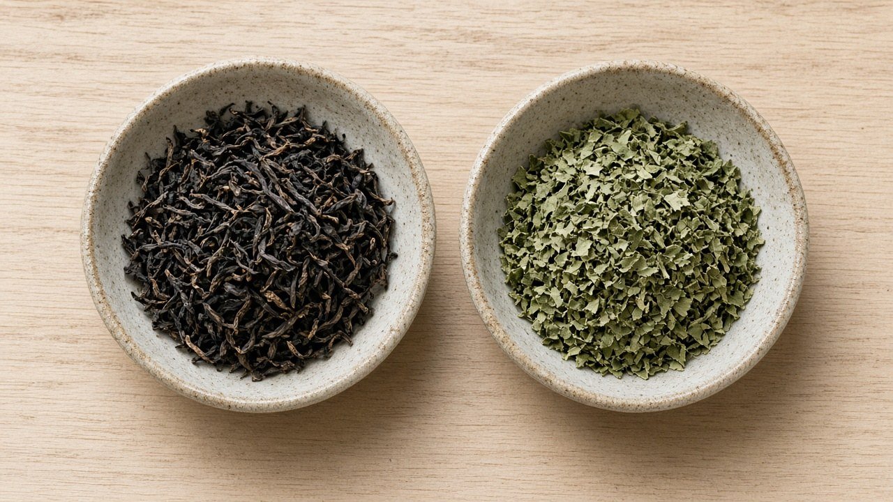 Small ceramic dishes of loose-leaf black tea and dried peppermint leaves side by side on a light wooden surface.