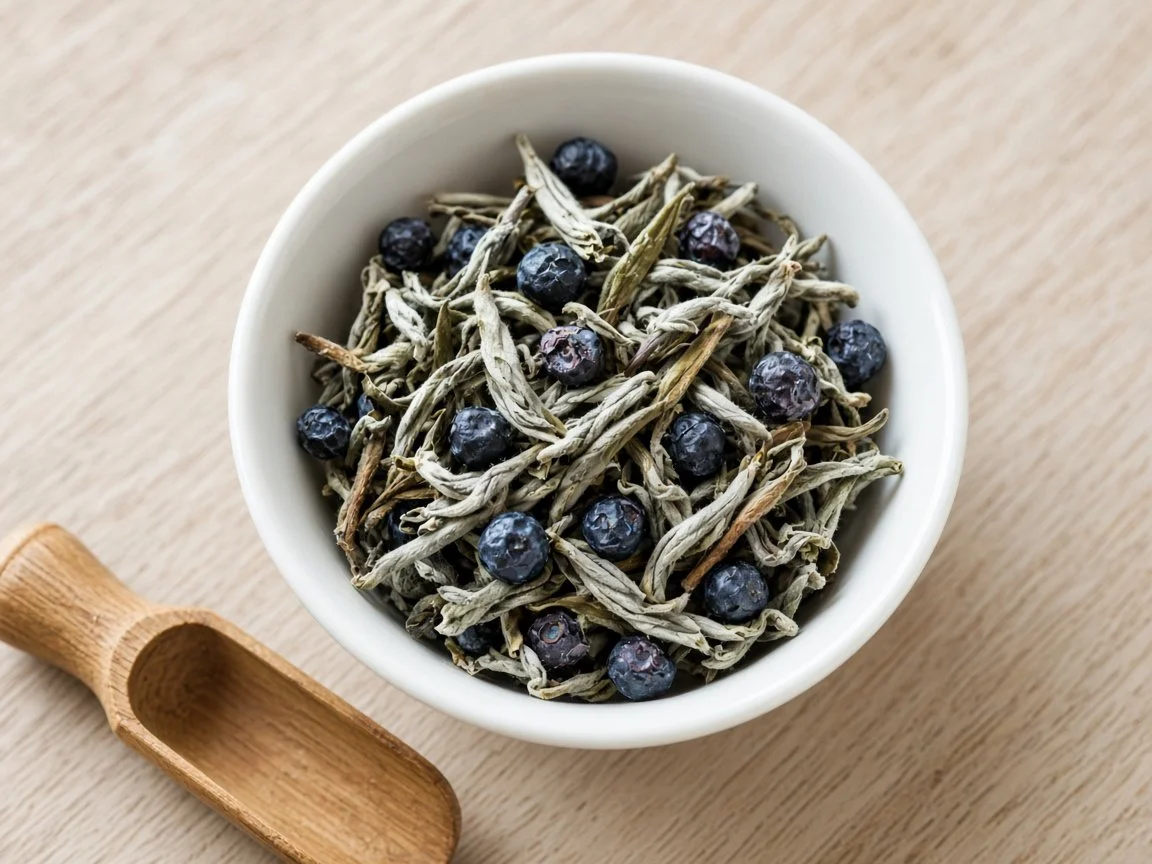 Loose-leaf Blueberry White Tea with silvery white tea leaves and dried blueberries in a white dish