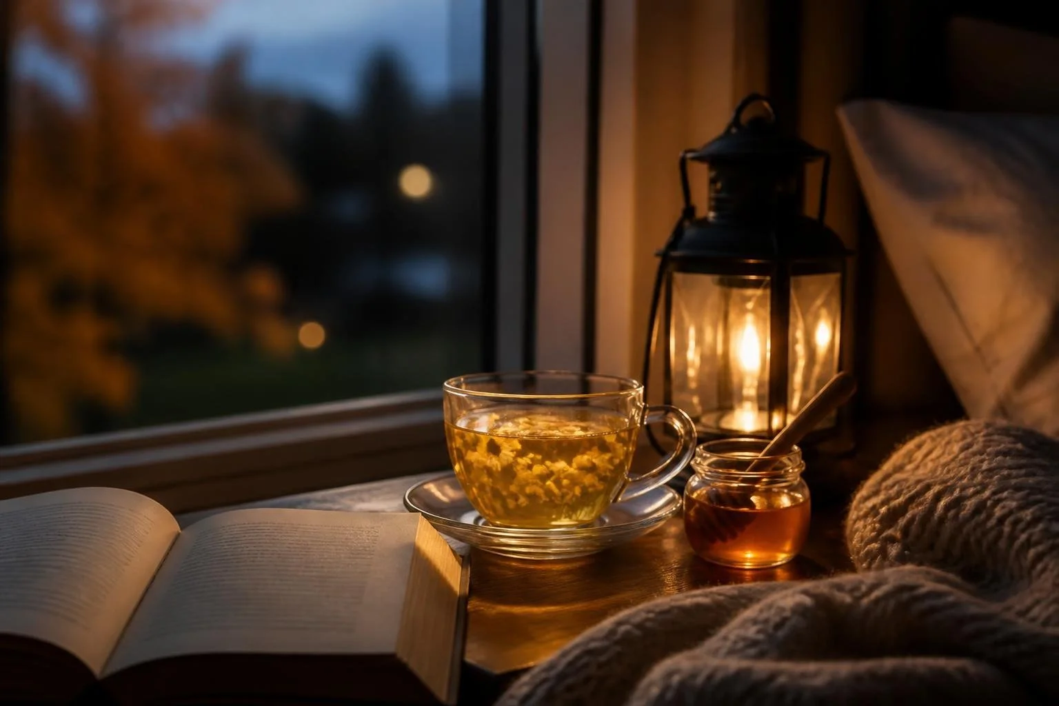 A cup of chamomile herbal tea with honey and a book by a lantern on an autumn night