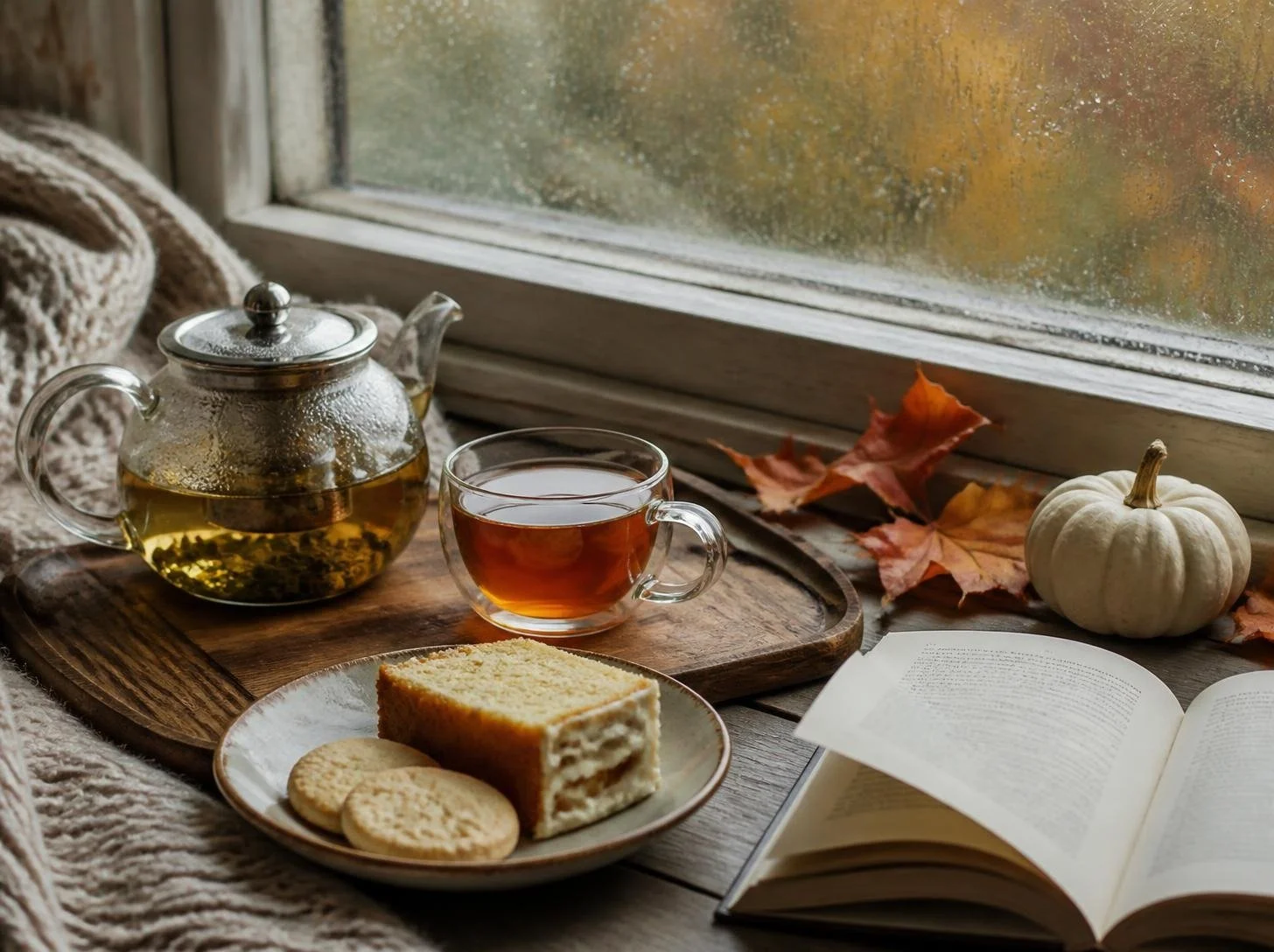 Glass teapot of green tea and a cup of black tea with vanilla cake and shortbread on a tray by a rainy autumn window