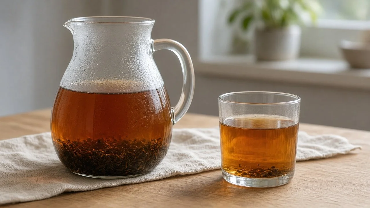A glass pitcher of amber cold-brewed tea with loose leaves settled at the bottom beside a glass of cold tea
