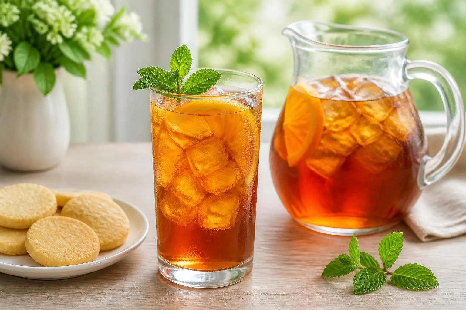 A glass and pitcher of iced Earl Grey tea with orange slices and mint