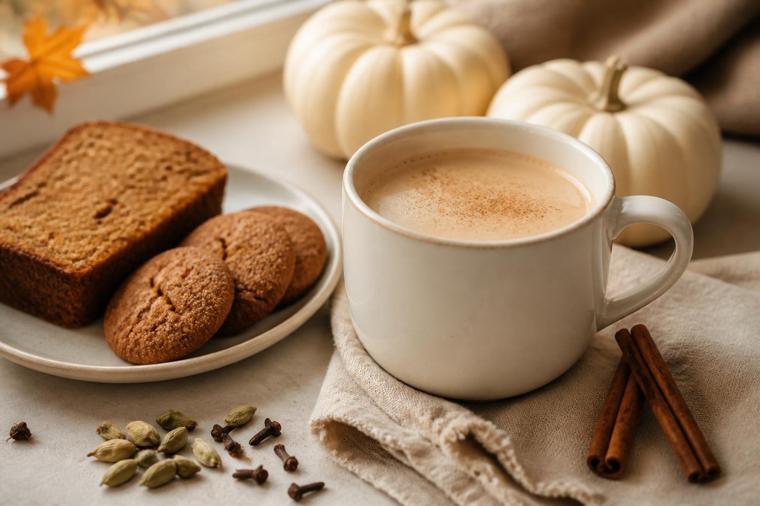 A creamy rooibos chai latte with gingersnaps, pumpkin bread and whole spices