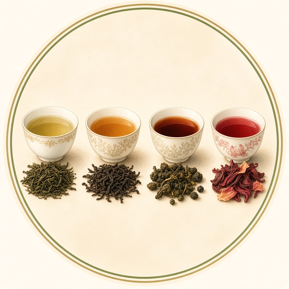 Watercolor of four tea cups, green, amber, dark and ruby red, each with its loose leaves below