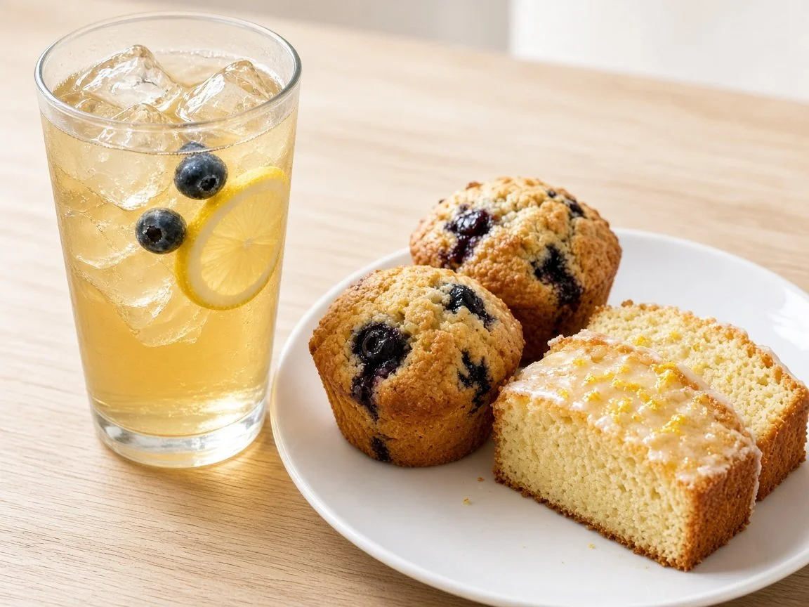 A tall glass of iced Blueberry White Tea with blueberries, next to blueberry muffins and lemon cake