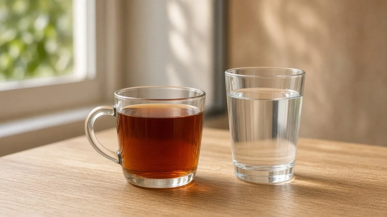 A glass mug of hot black tea next to a clear glass of water on a sunny wooden table