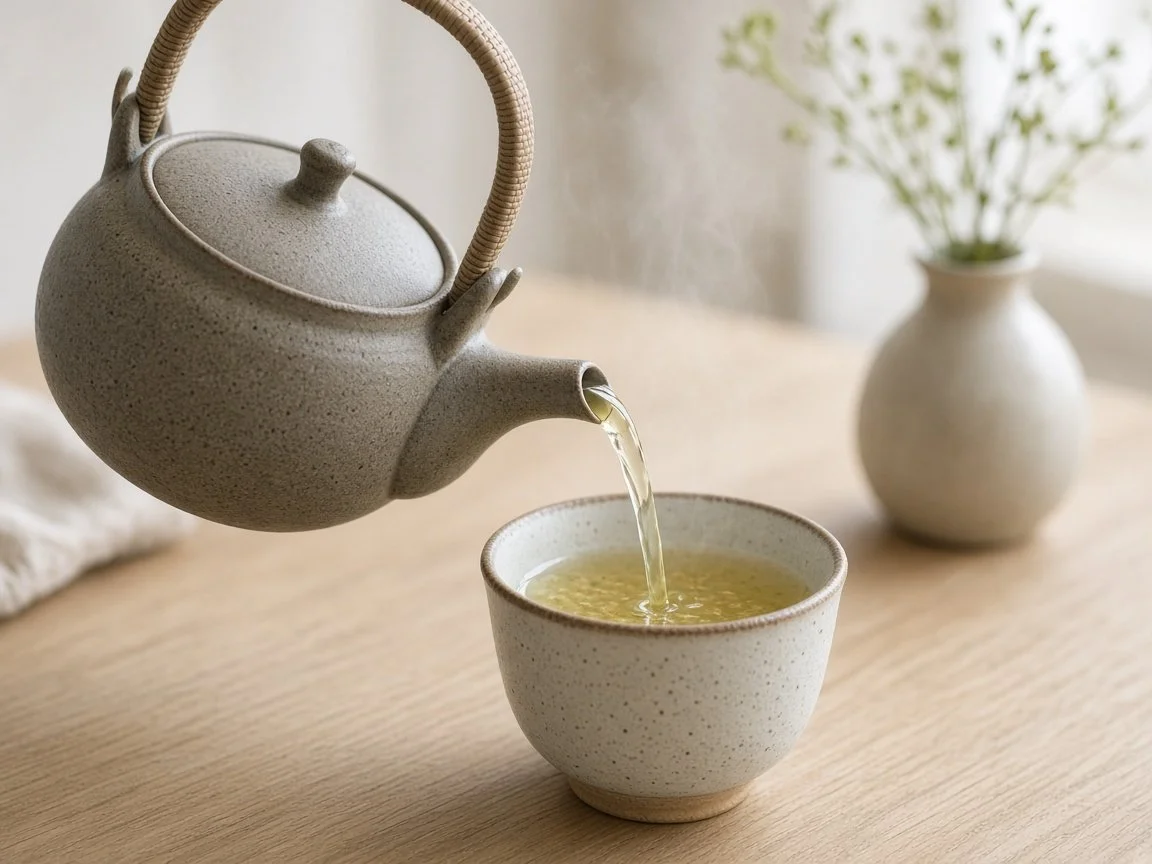 A Japanese teapot pouring pale golden Genmaicha green tea into a small ceramic cup