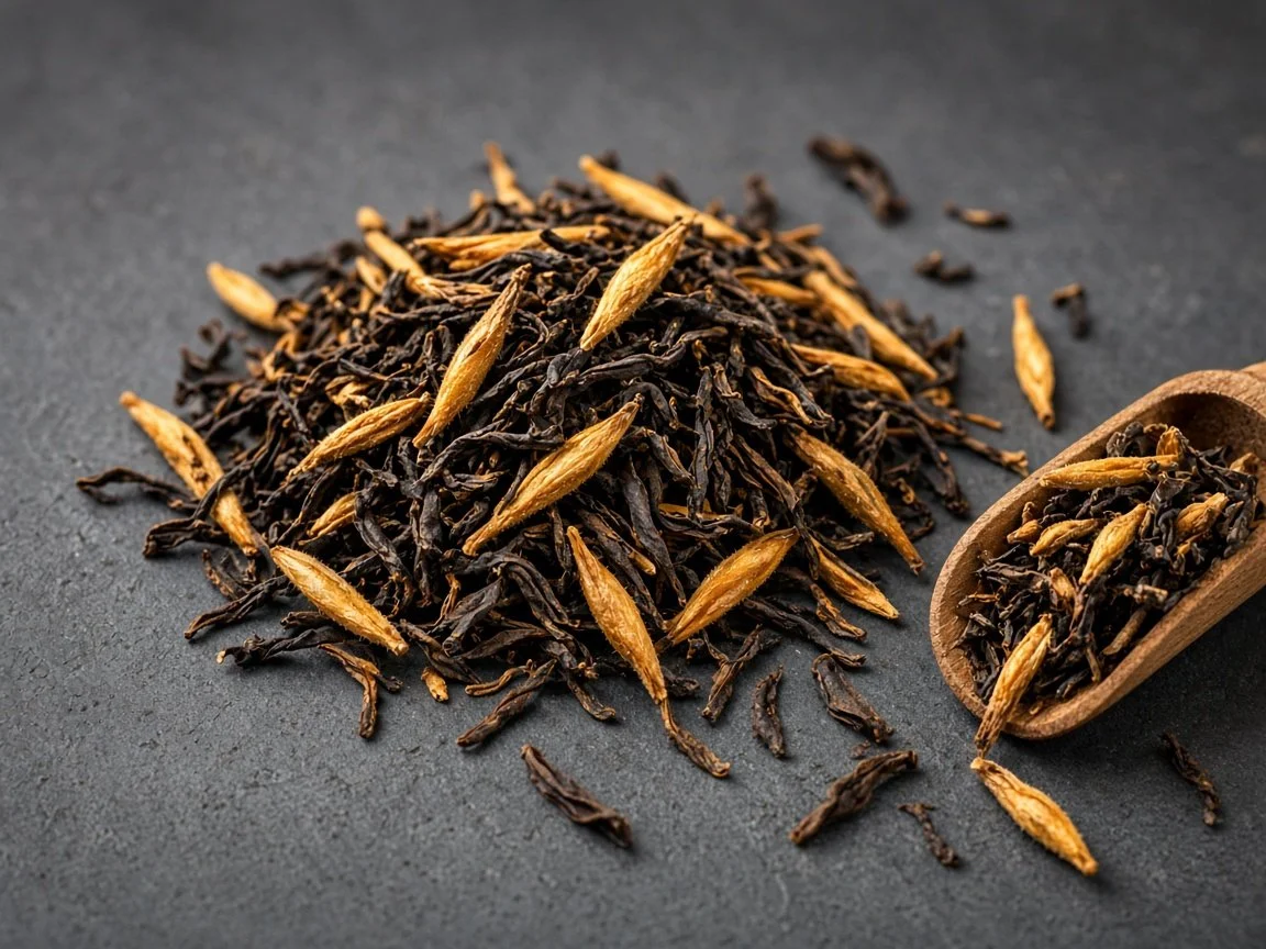 Close-up of loose-leaf black tea with twisted dark leaves and fuzzy golden tips beside a wooden tea scoop