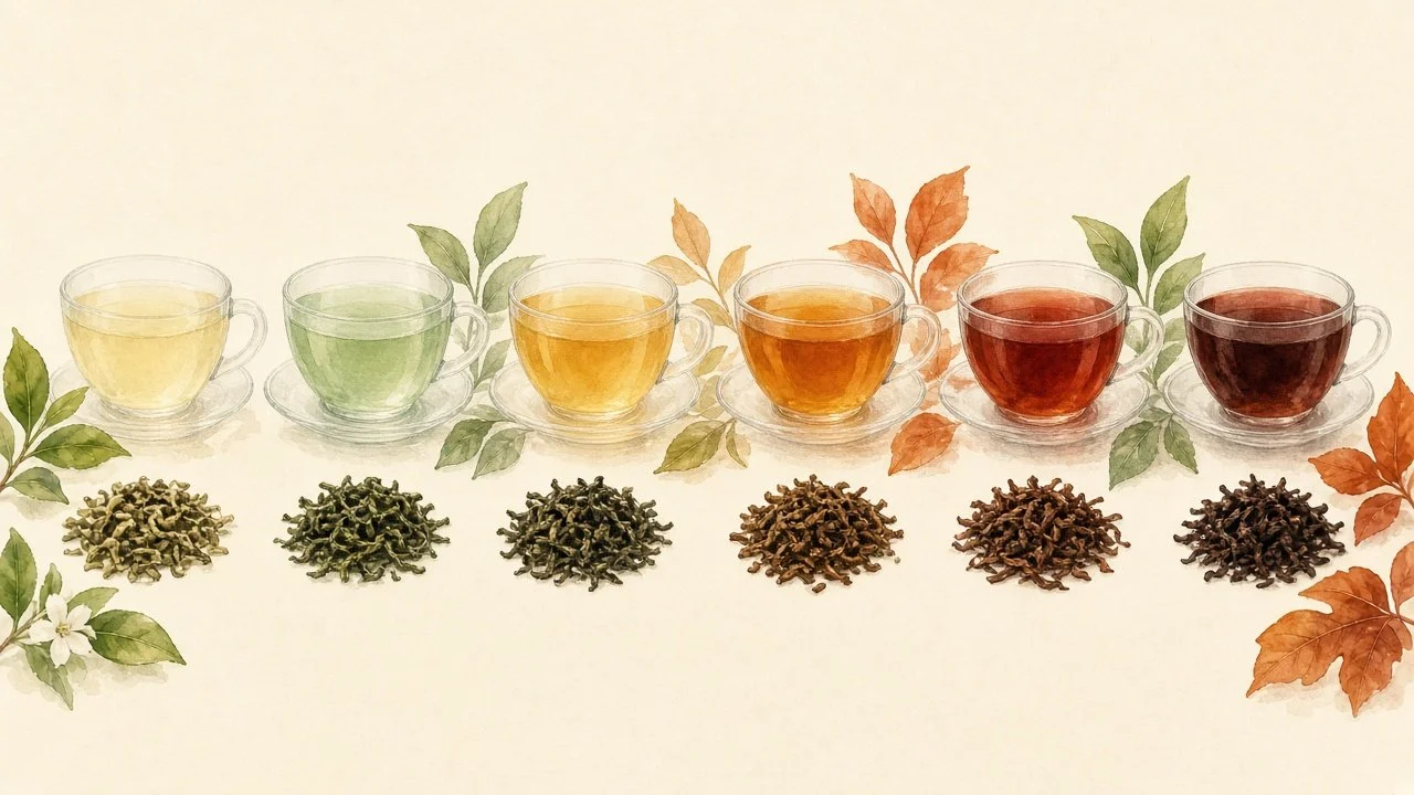 Watercolor of six cups of tea, from pale white tea to dark black tea, with loose leaves in front of each cup
