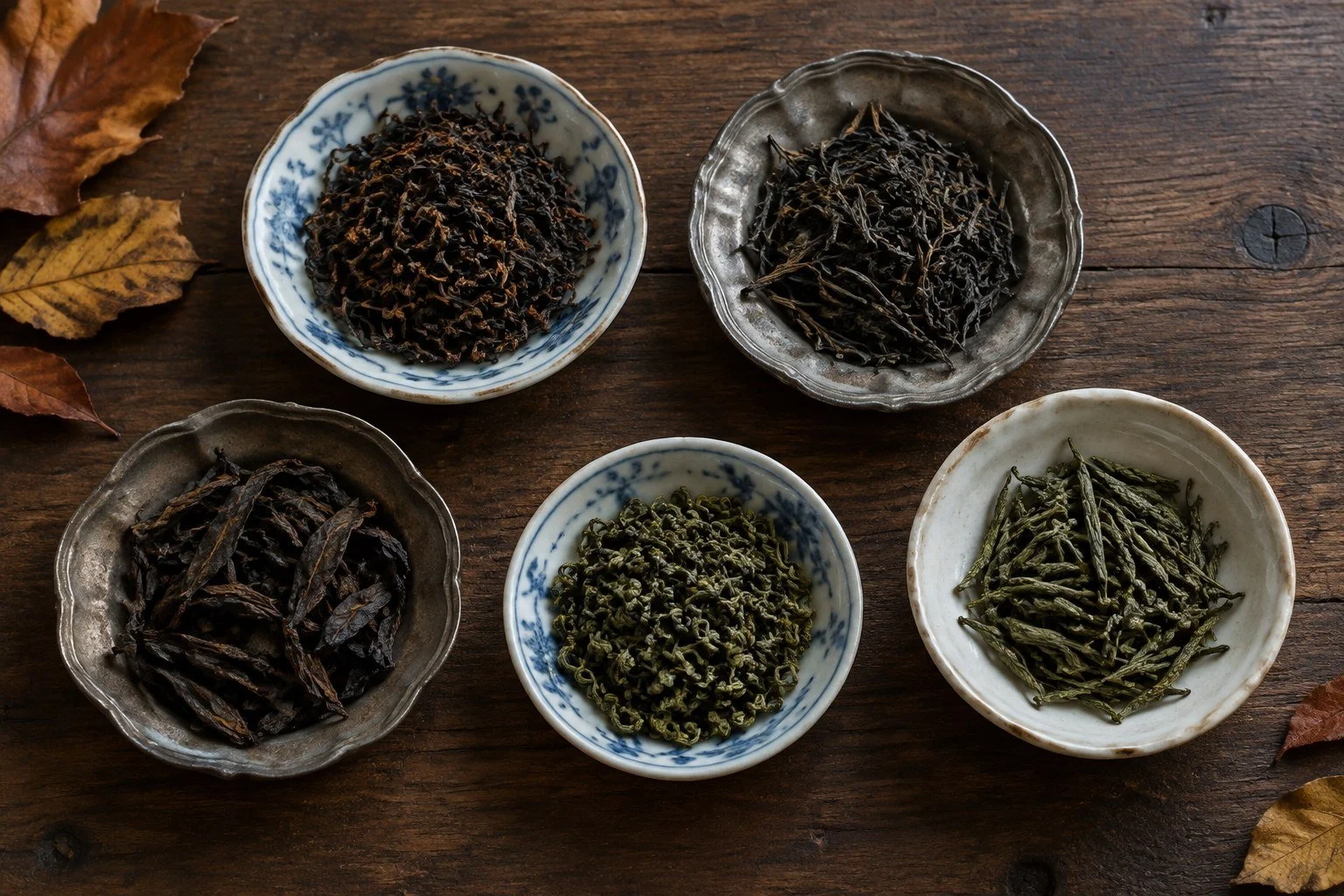 Five loose-leaf black and green teas in small antique dishes on a wooden table
