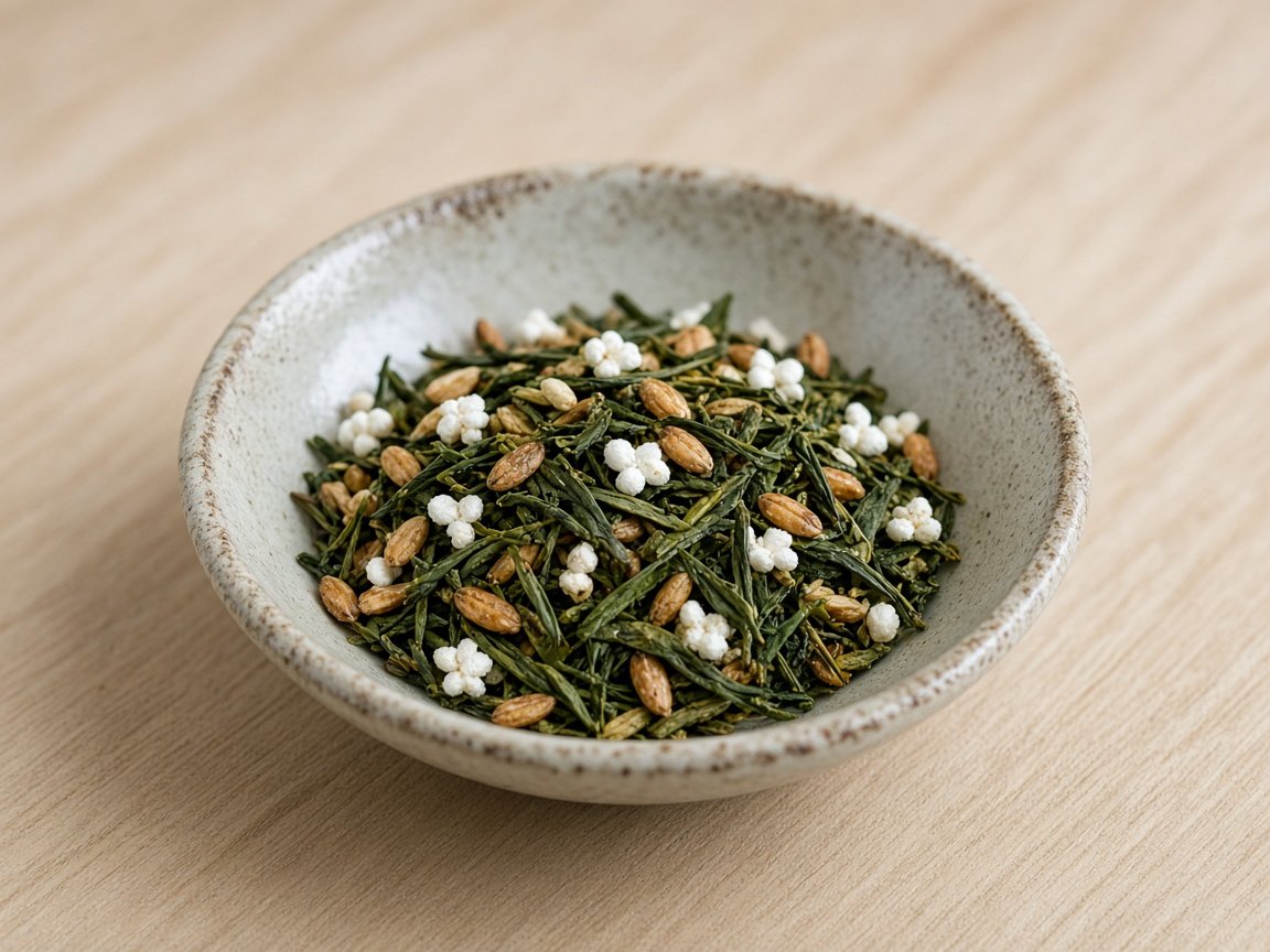 Loose-leaf Genmaicha green tea with toasted brown rice and popped rice kernels in a ceramic dish