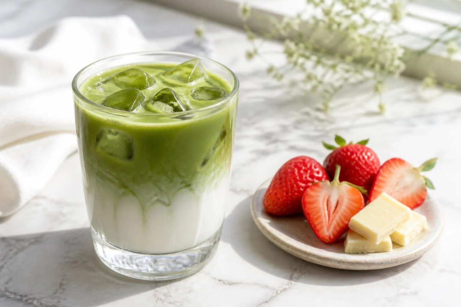 Iced matcha latte with fresh strawberries and white chocolate
