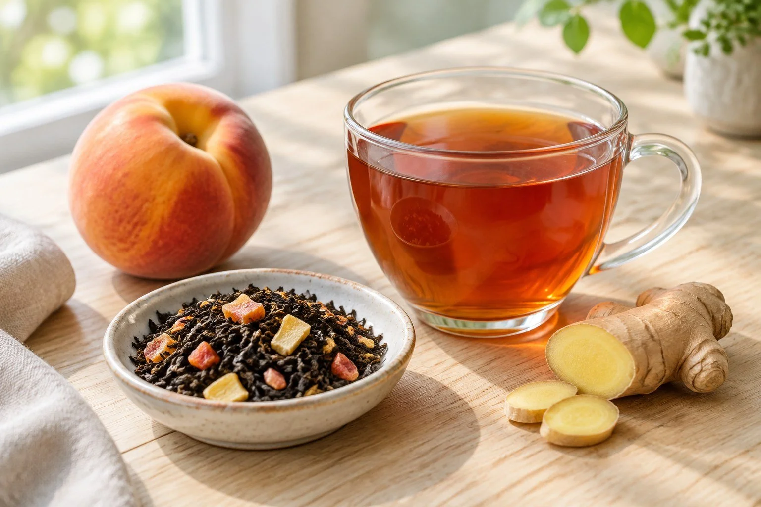 A cup of Ginger Peach Black Tea with fresh peach and ginger