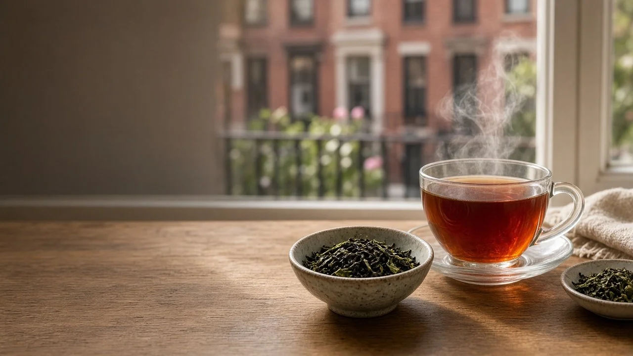 Cup of brewed tea and bowls of loose-leaf tea on a wooden table by a window