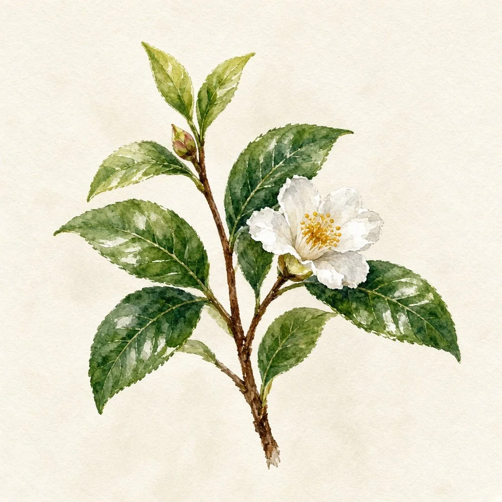 Watercolor of a Camellia sinensis tea branch with a bud, leaves and a white flower