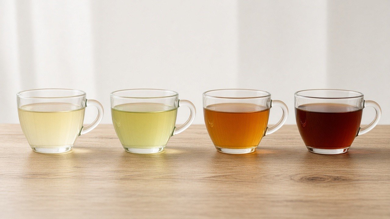 Four cups of brewed tea, from pale white tea to dark black tea
