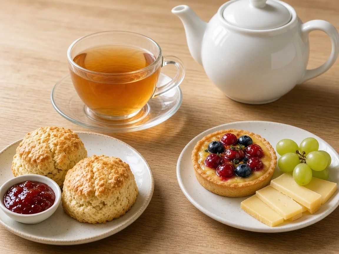 Light amber Darjeeling tea in a glass cup with a teapot, scones with jam, a berry tart, and cheese