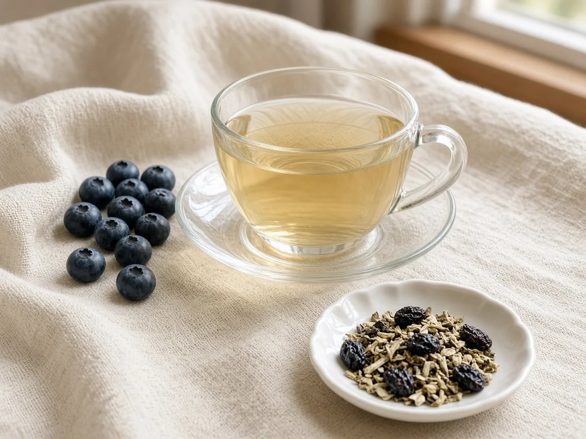 A glass cup of pale golden Blueberry White Tea with fresh blueberries and a dish of loose tea