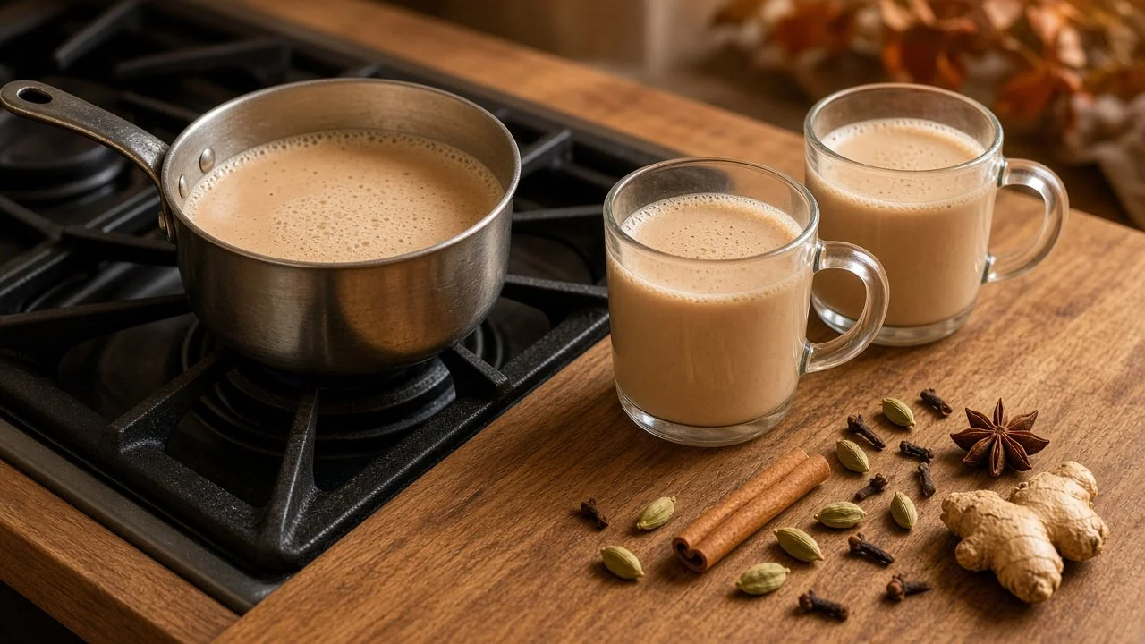 A saucepan of creamy chai on the stove beside two glass mugs of chai and whole spices: cinnamon, cardamom, cloves, star anise and ginger