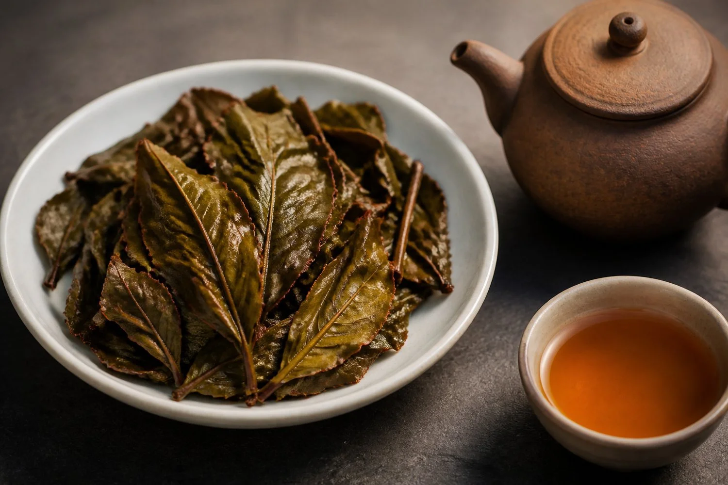 Unfurled oolong tea leaves beside a clay teapot