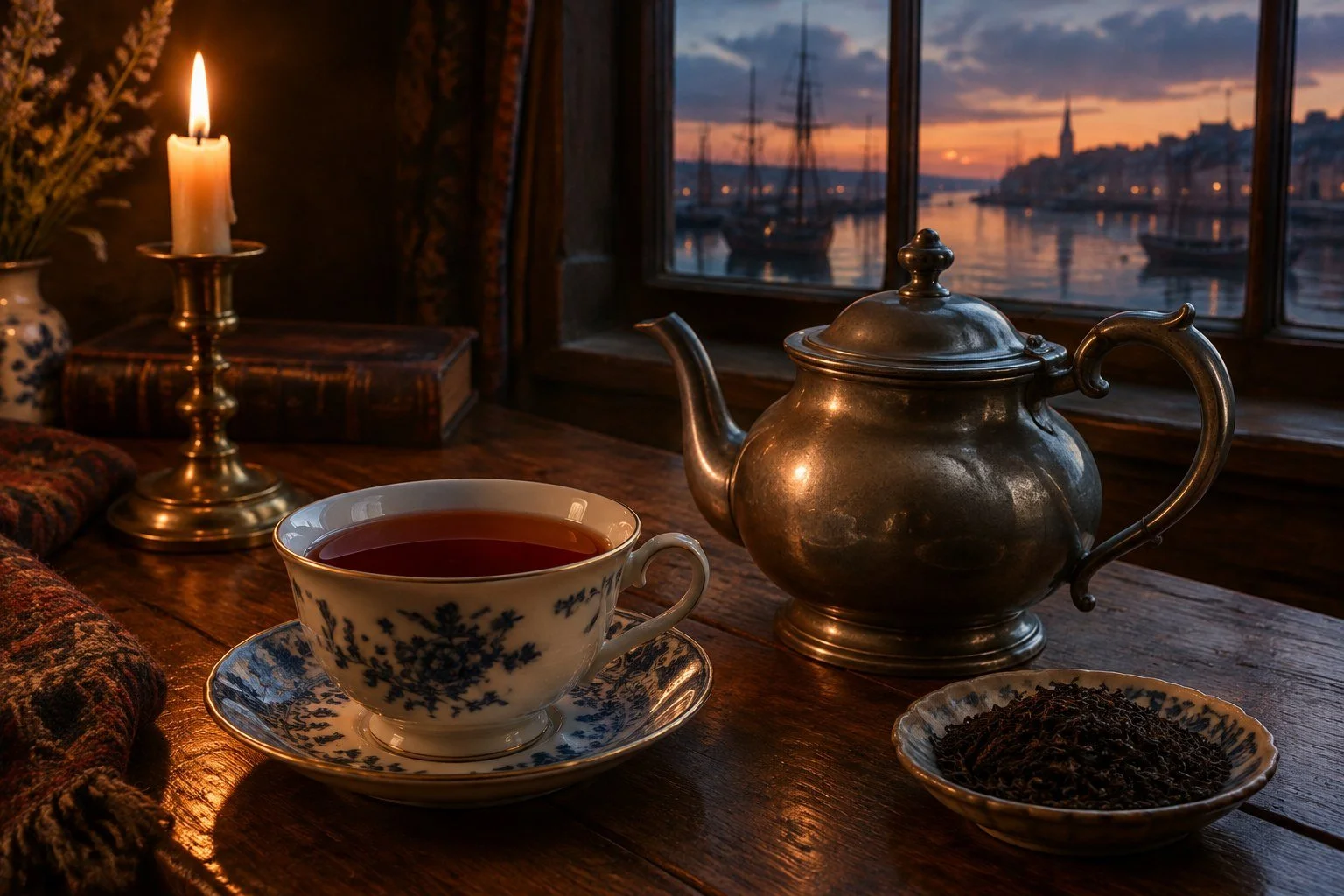 Cup of black tea beside a pewter teapot and loose leaves by candlelight near a harbor