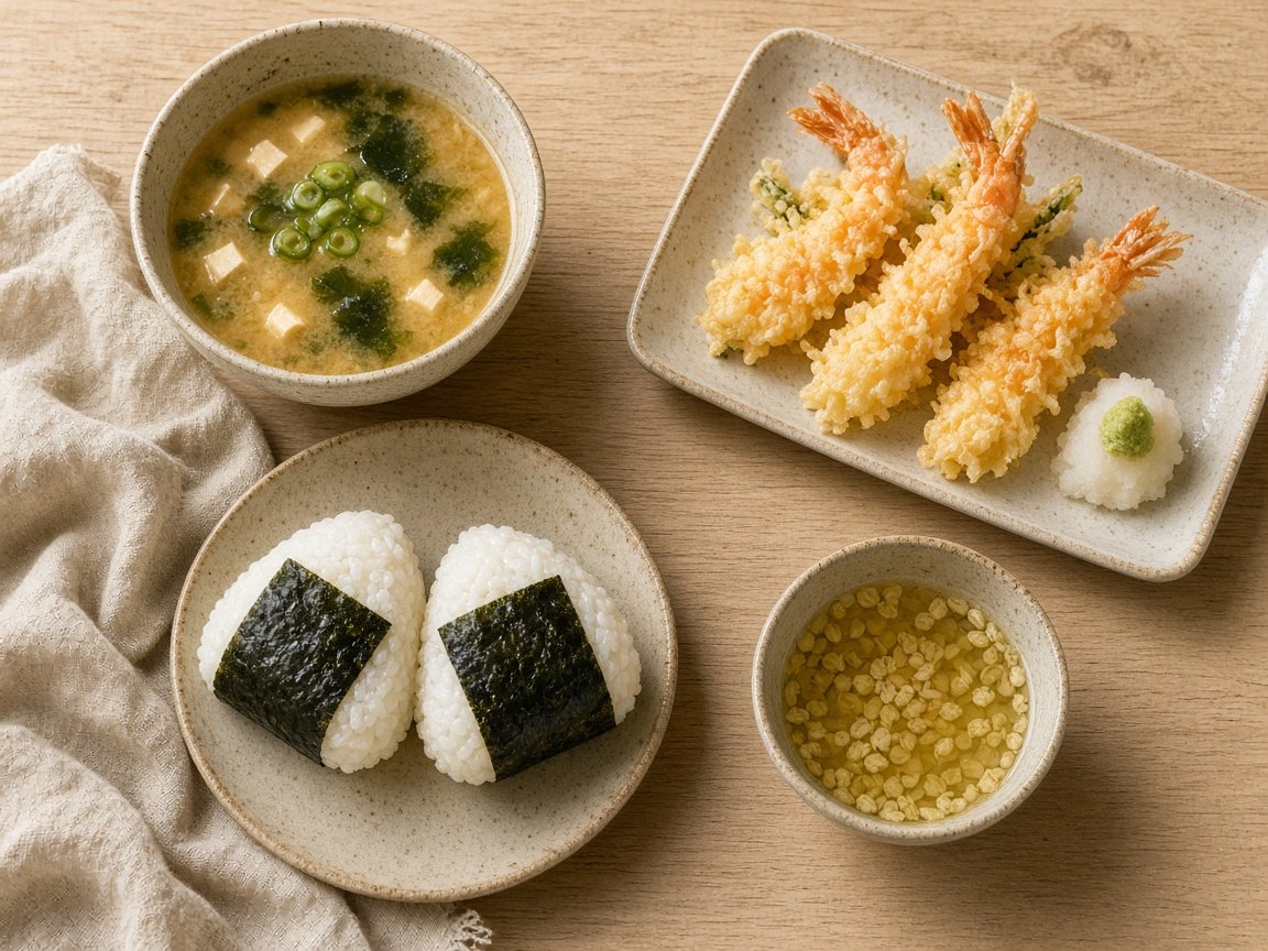 Genmaicha tea served with miso soup, onigiri rice balls and shrimp tempura on a wooden table