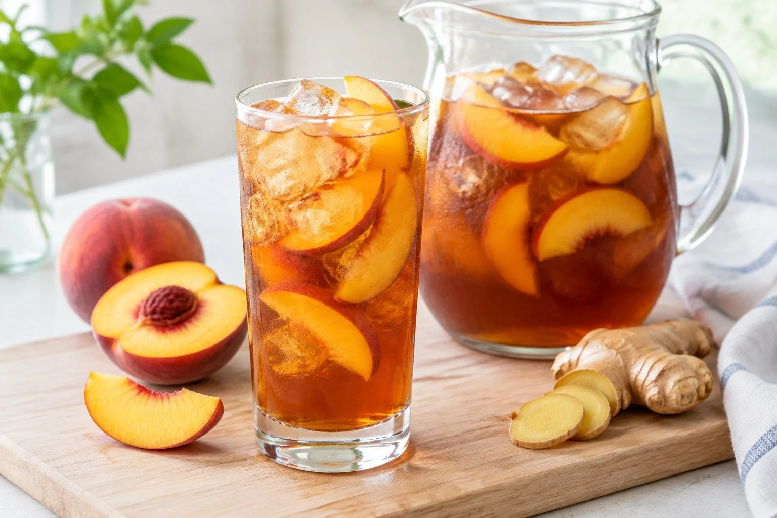 Iced Ginger Peach Black Tea with peach slices