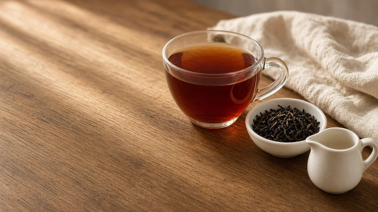 A glass cup of deep amber black tea on a wooden table beside a small dish of dark loose black tea leaves and a little milk pitcher