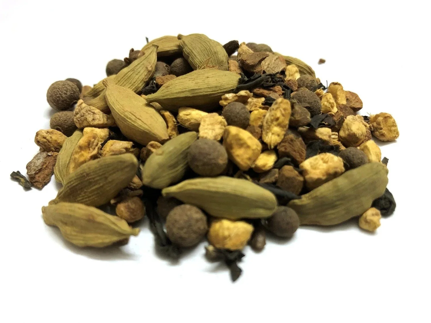 Spiced Chai loose leaf blend of cardamom pods, black tea, cinnamon, ginger, and allspice