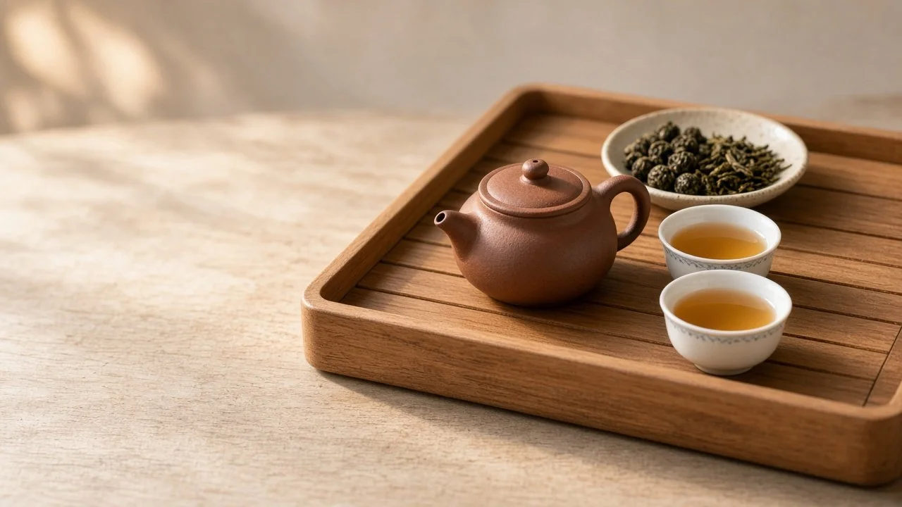 A small clay teapot and two cups of golden oolong tea on a wooden tea tray with a dish of rolled oolong leaves