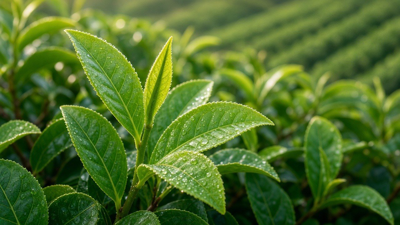 Green leaves and buds on a Camellia sinensis tea plant