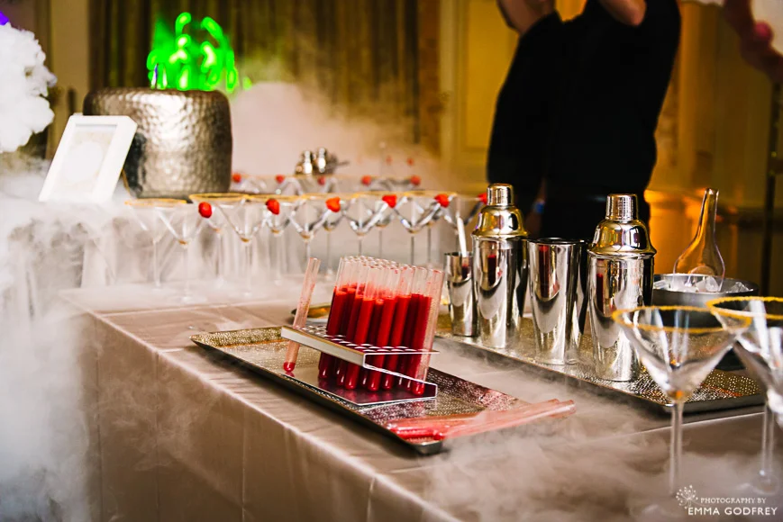 Test tube cocktail shots and cocktail buffet with dry ice