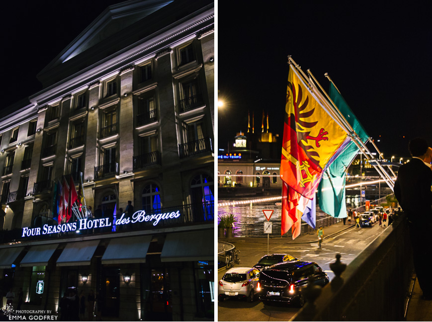 Four Seasons des Bergs at night with flags