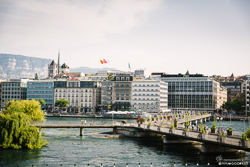 View of Geneva old town and cathedral from Four Seasons des Bergs