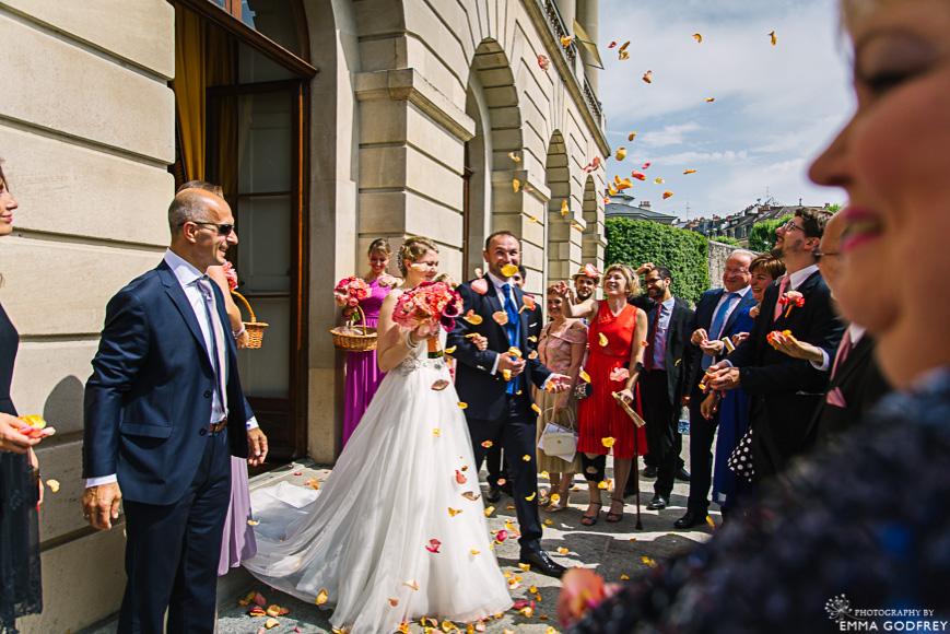 Rose petal wedding exit at the Palais Eynard