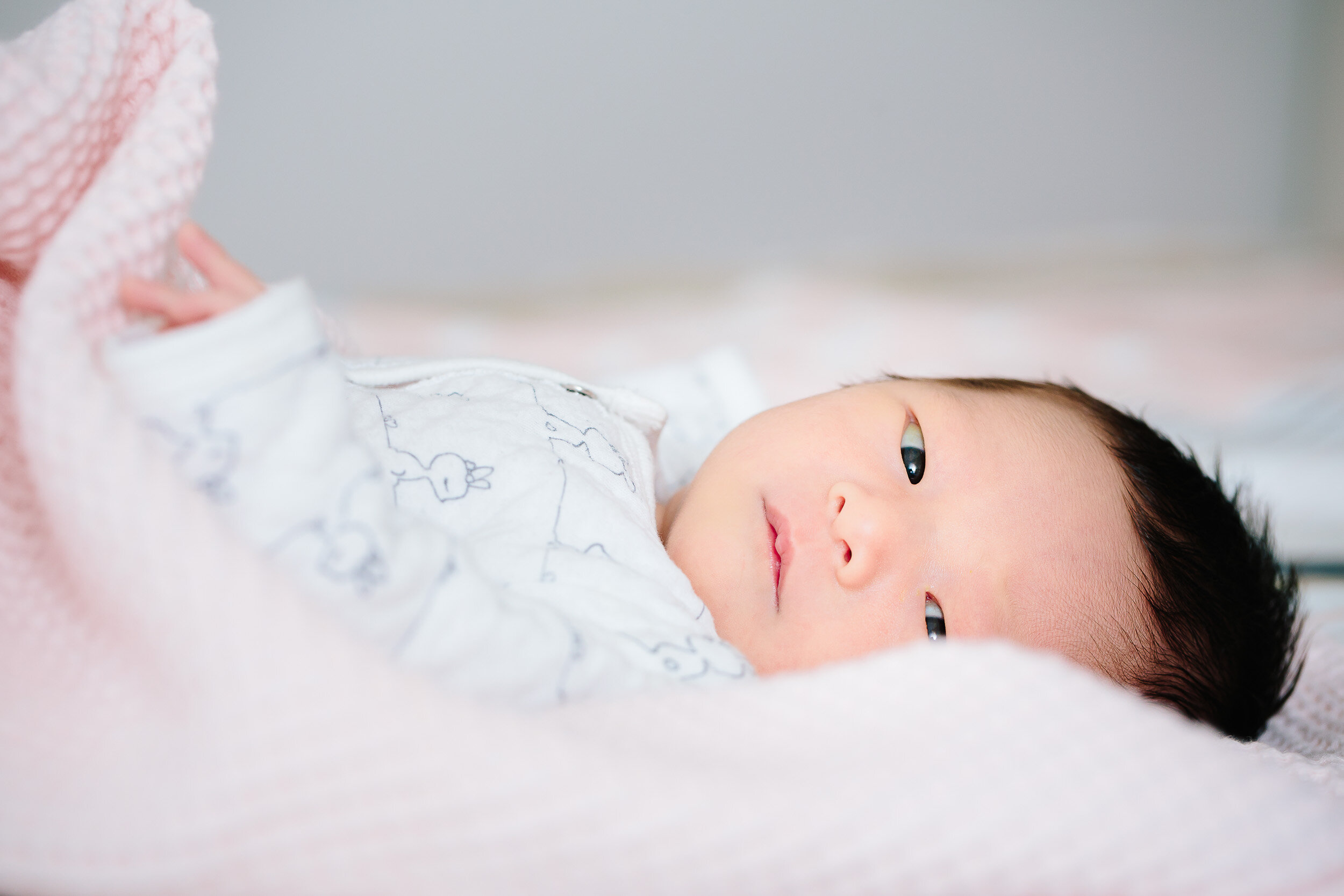 A newborn baby girl looks towards the camera from between her blankets.