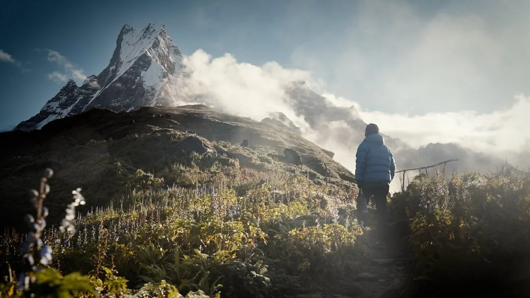 Thin atmosphere, prayer flags and wildflowers.