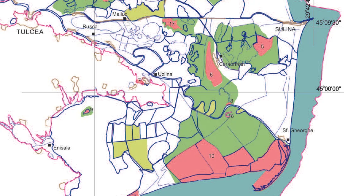 pink areas represent the areas with highest biosphere reserve protection. The island is at the frontier of the strict biosphere reserve