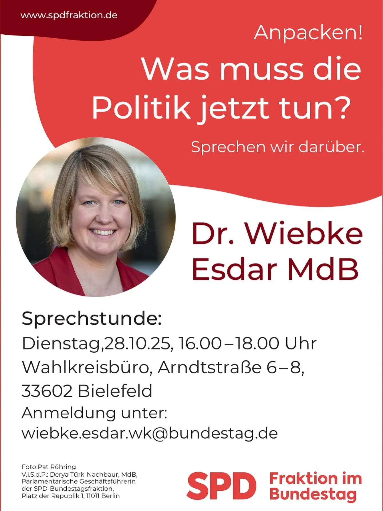 Wenn ich nicht in Berlin im Bundestag bin, k&uuml;mmere ich mich in meinen Wahlkreiswochen um euch Bielefelder*innen. 🤞🏻

Da mir eure politischen Ansichten, Interessen und W&uuml;nschen am Herzen liegen, m&ouml;chte ich euch Sprechstunden am 25.10 