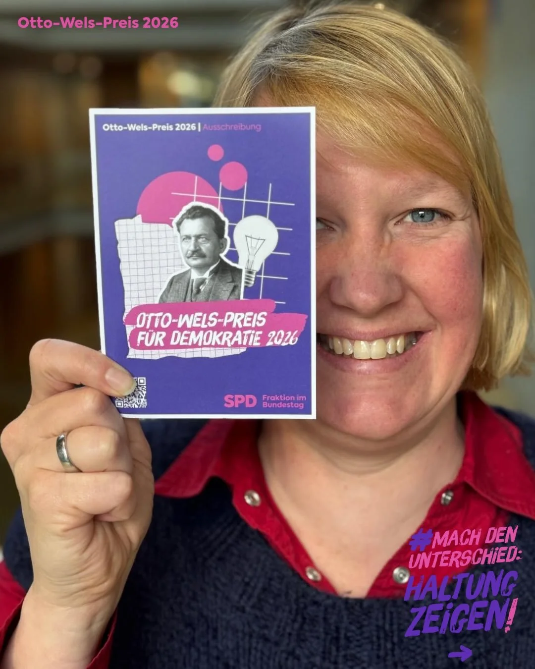 #machdenunterschied Haltung zeigen! 💪
Du hast eine Idee, wie unsere Gesellschaft gerechter, offener oder solidarischer werden kann? Dann zeig sie uns!

Die SPD-Bundestagsfraktion sucht beim Otto-Wels-Preis f&uuml;r Demokratie 2026 junge Menschen zwi